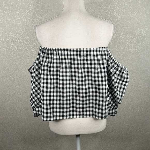 Parisian Black & White Boho Checkered Summer Spring Vacation Top Size Small - Picture 3 of 5